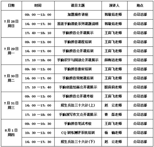 通知：手脑拼音将于7月28日进行师资培训